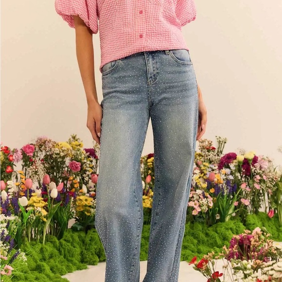 Risen Jeans Denim - AVARA Risen Carrie Rhinestone Embellished Light Blue Wide-Leg Jeans